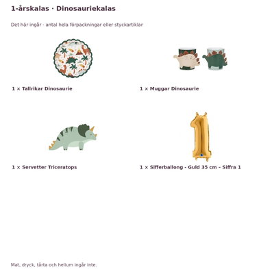 1-årskalas, Dinosauriekalas, kalaspaket, 6 gäster – innehåll och antal förpackningar