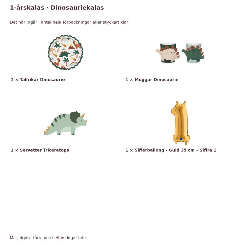 1-årskalas, Dinosauriekalas, kalaspaket, 6 gäster – innehåll och antal förpackningar