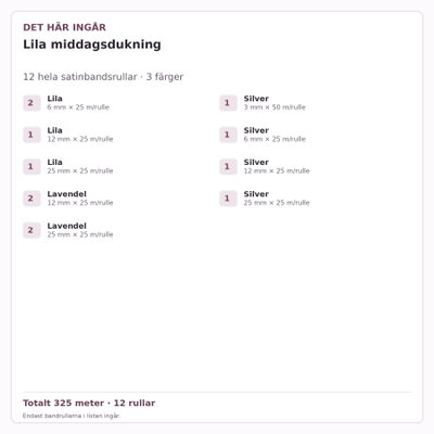 Det här ingår – Satinbandspaket – Lila middagsdukning – 12 rullar