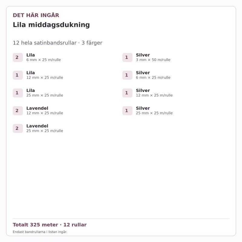 Det här ingår – Satinbandspaket – Lila middagsdukning – 12 rullar