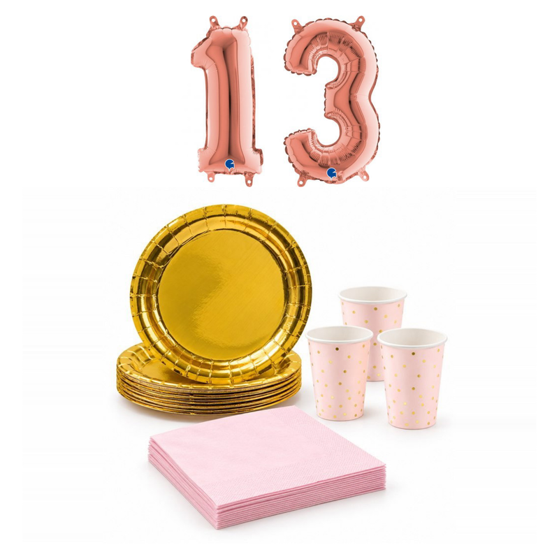 13-årskalas, Rosa och guld, kalaspaket, 6 gäster – sammansatt bild av paketets produkter