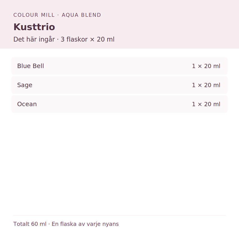 Paketinnehåll: 1 × Blue Bell 20 ml, 1 × Sage 20 ml, 1 × Ocean 20 ml