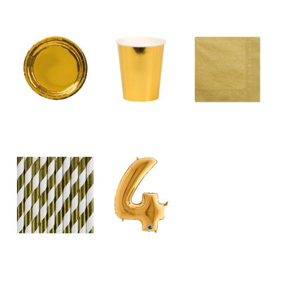4-årskalas, Guld, kalaspaket, 8 gäster – paketets produkter med sifferballong 100 cm