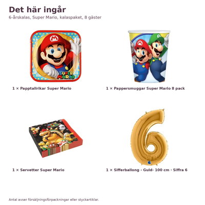 6-årskalas, Super Mario, kalaspaket, 8 gäster – innehåll och antal, sifferballong 100 cm