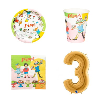 3-årskalas, Pippi Långstrump, kalaspaket, 8 gäster – paketets produkter med sifferballong 100 cm