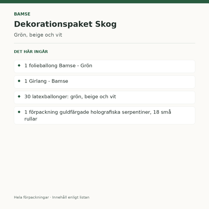 Bamse – dekorationspaket Skog – innehåll och antal
