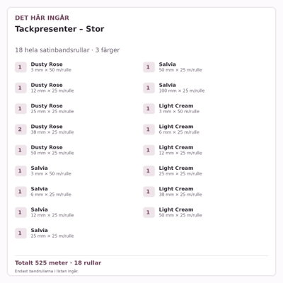 Det här ingår – Satinbandspaket – Tackpresenter – Stor – 18 rullar