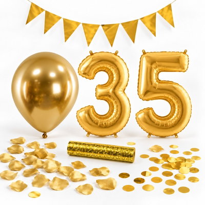 35-års festpaket, Guld, Stor – paketets dekorationer på vit bakgrund