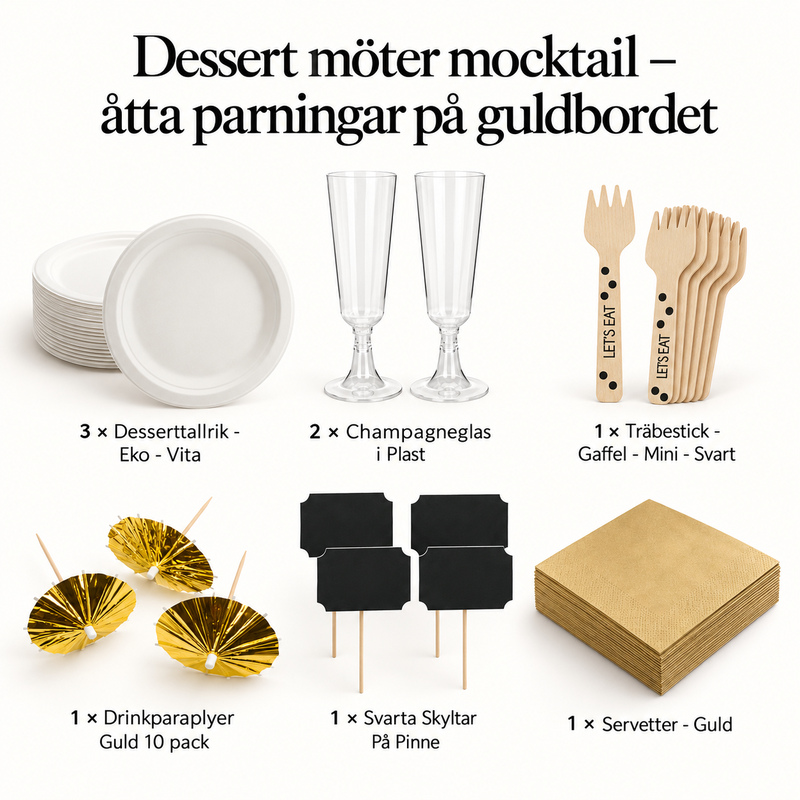Dessert möter mocktail – åtta parningar på guldbordet – innehåll och antal försäljningsförpackningar