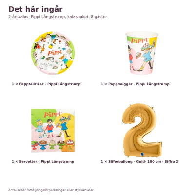 2-årskalas, Pippi Långstrump, kalaspaket, 8 gäster – innehåll och antal, sifferballong 100 cm