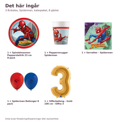 3-årskalas, Spiderman, kalaspaket, 8 gäster – innehåll och antal, sifferballong 100 cm