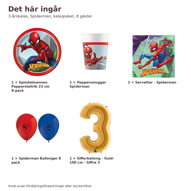 3-årskalas, Spiderman, kalaspaket, 8 gäster – innehåll och antal, sifferballong 100 cm