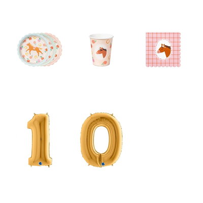 10-årskalas, Hästkalas, kalaspaket, 6 gäster – paketets produkter med sifferballong 100 cm