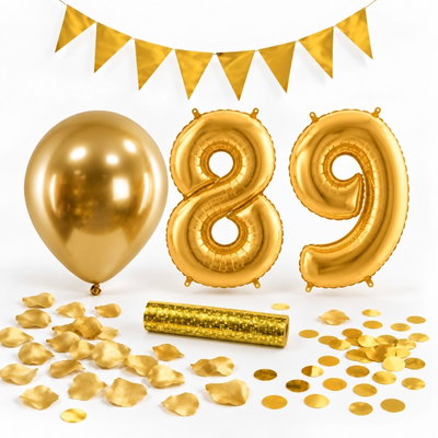89-års festpaket, Guld, Stor – paketets dekorationer på vit bakgrund