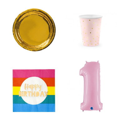 1-årskalas, Regnbågskalas, kalaspaket, 6 gäster – paketets produkter med sifferballong 100 cm