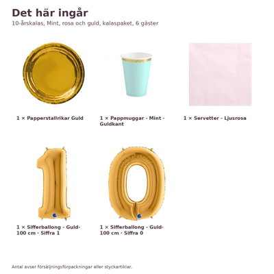 10-årskalas, Mint, rosa och guld, kalaspaket, 6 gäster – innehåll och antal, sifferballong 100 cm