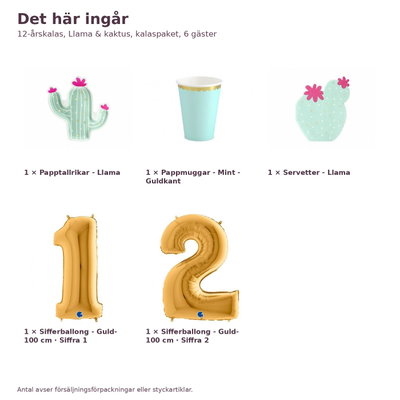 12-årskalas, Llama & kaktus, kalaspaket, 6 gäster – innehåll och antal, sifferballong 100 cm