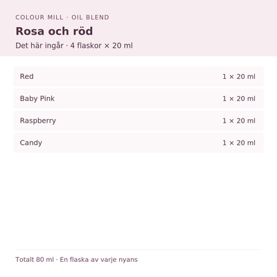 Paketinnehåll: 1 × Red 20 ml, 1 × Baby Pink 20 ml, 1 × Raspberry 20 ml, 1 × Candy 20 ml