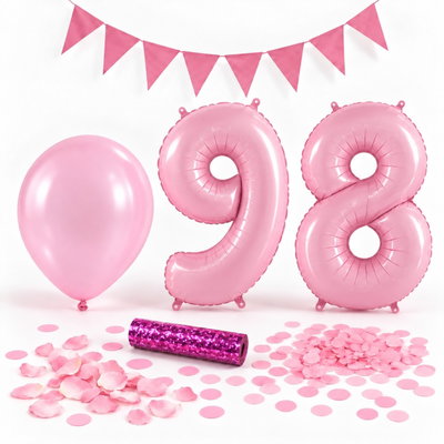 98-års festpaket, Rosa, Stor – paketets dekorationer på vit bakgrund
