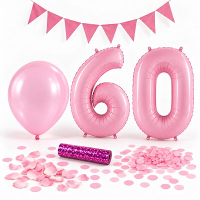 60-års festpaket, Rosa, Stor – paketets dekorationer på vit bakgrund