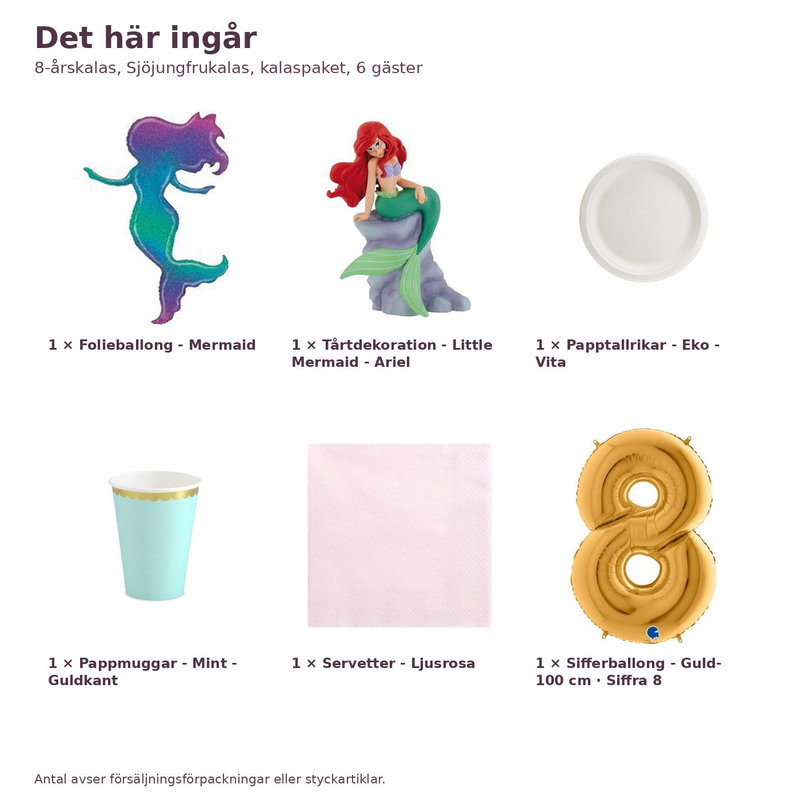 8-årskalas, Sjöjungfrukalas, kalaspaket, 6 gäster – innehåll och antal, sifferballong 100 cm