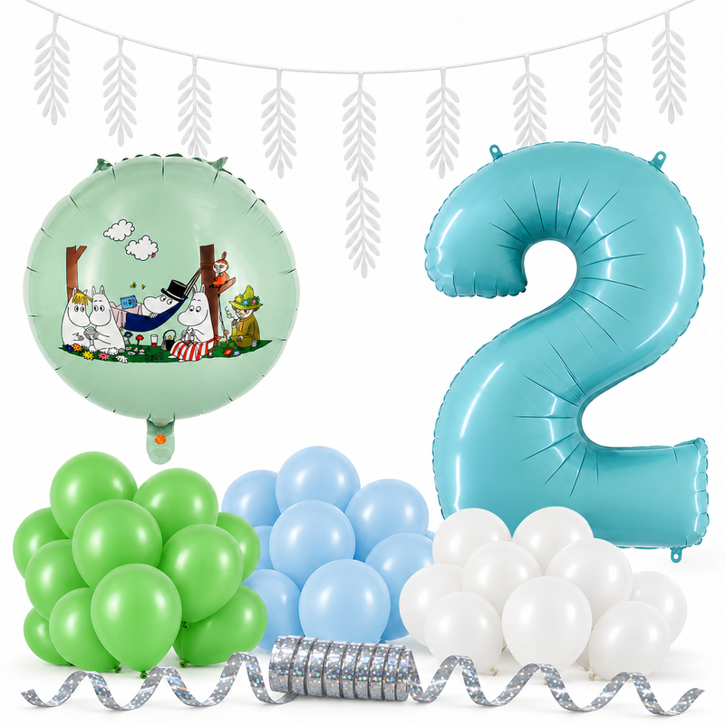 Mumin 2 år – dekorationspaket Mumindalen – paketets produkter