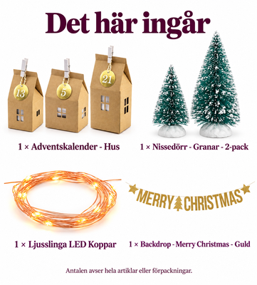 Det här ingår: Adventsbyn på hyllan – 24 små hus i varmt ljus
