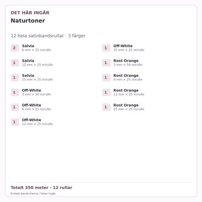 Det här ingår – Satinbandspaket – Naturtoner – 12 rullar