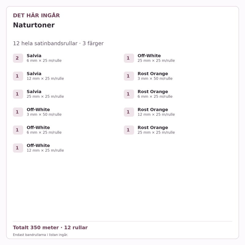Det här ingår – Satinbandspaket – Naturtoner – 12 rullar