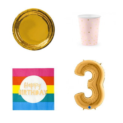3-årskalas, Regnbåge, kalaspaket, 6 gäster – paketets produkter med sifferballong 100 cm
