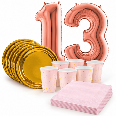 13-årskalas, Rosa och guld, kalaspaket, 6 gäster – samlat paketinnehåll