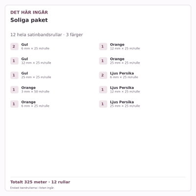 Det här ingår – Satinbandspaket – Soliga paket – 12 rullar
