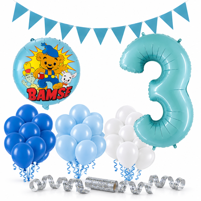 Bamse 3 år – dekorationspaket Blå – paketets produkter
