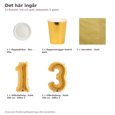 13-årskalas, Vitt och guld, kalaspaket, 6 gäster – innehåll och antal, sifferballong 100 cm