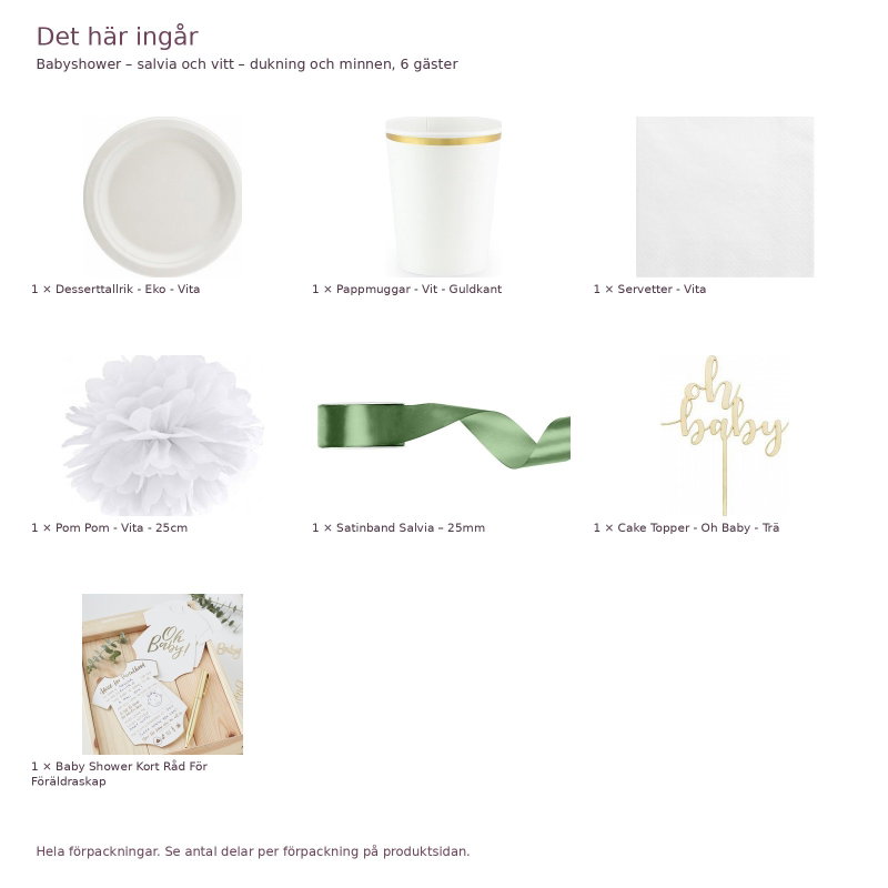 Babyshower – salvia och vitt – dukning och minnen, 6 gäster – innehåll och antal förpackningar