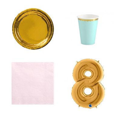 8-årskalas, Mint, rosa och guld, kalaspaket, 6 gäster – paketets produkter med sifferballong 100 cm