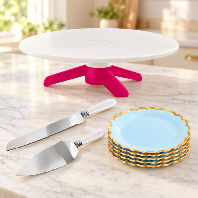 Miljöbild: Tårtbuffé för tolv – fat, kniv, spade och assietter