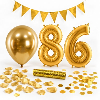 86-års festpaket, Guld, Stor – paketets dekorationer på vit bakgrund
