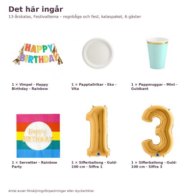 13-årskalas, Festivaltema – regnbåge och fest, kalaspaket, 6 gäster – innehåll och antal, sifferballong 100 cm