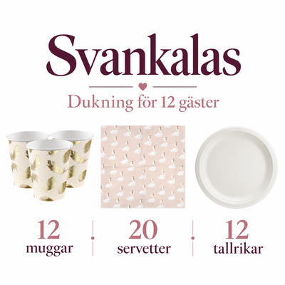 Svankalas, dukningspaket för 12 gäster – innehållsöversikt med text