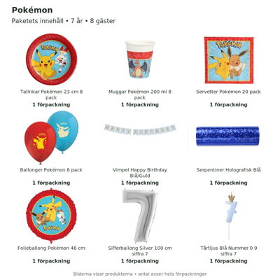 Pokémon – 7-årskalas – kalaspaket för 8 gäster – innehåll och antal