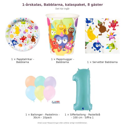 1-årskalas, Babblarna, kalaspaket, 8 gäster – innehåll och antal förpackningar