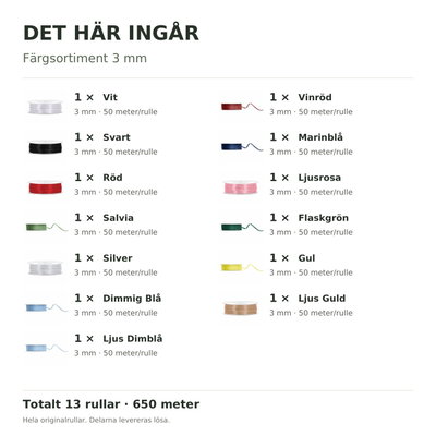 Det här ingår – Satinbandspaket – Färgsortiment 3 mm – 13 rullar