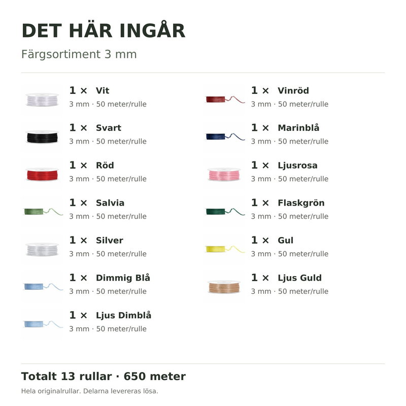 Det här ingår – Satinbandspaket – Färgsortiment 3 mm – 13 rullar