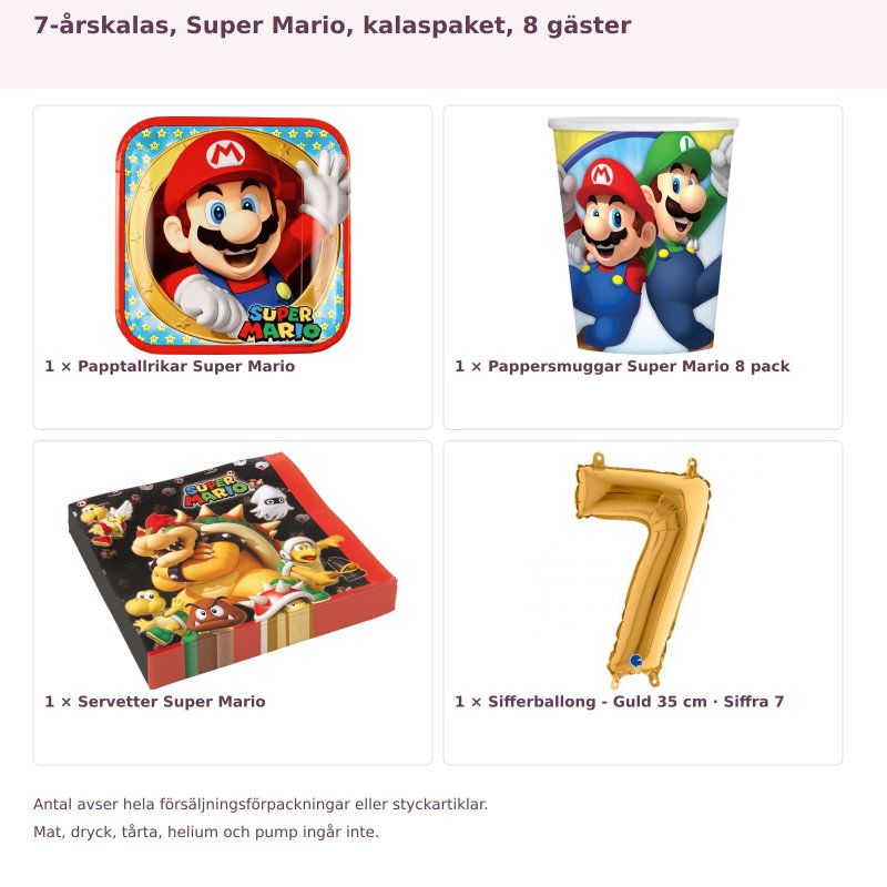 7-årskalas, Super Mario, kalaspaket, 8 gäster – innehåll och antal förpackningar