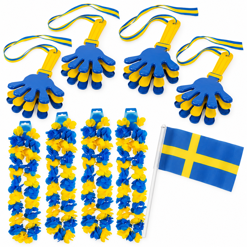 Sverigefirande – flaggor och handklappor för fyra – paketöversikt