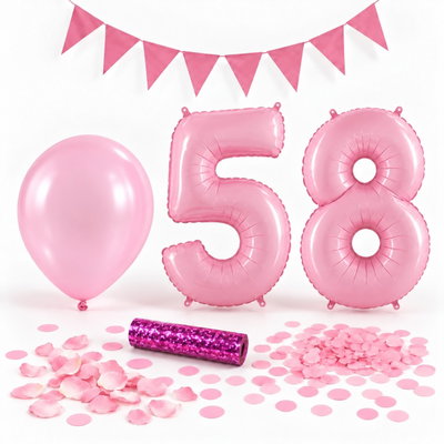 58-års festpaket, Rosa, Stor – paketets dekorationer på vit bakgrund