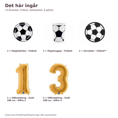 13-årskalas, Fotboll, kalaspaket, 6 gäster – innehåll och antal, sifferballong 100 cm