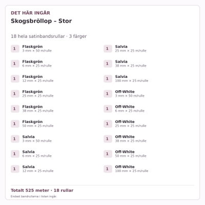 Det här ingår – Satinbandspaket – Skogsbröllop – Stor – 18 rullar