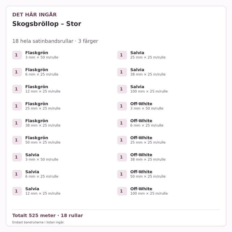 Det här ingår – Satinbandspaket – Skogsbröllop – Stor – 18 rullar